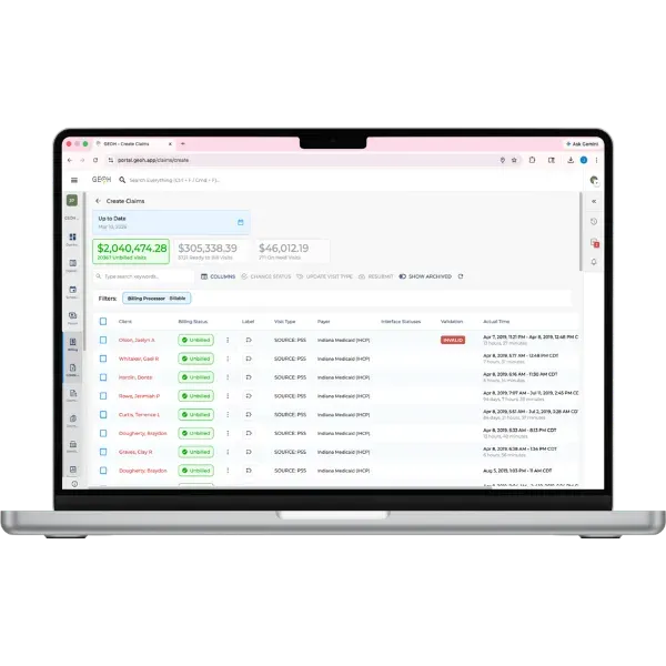 GEOH billing dashboard claims view showing unbilled visit totals and claim statuses