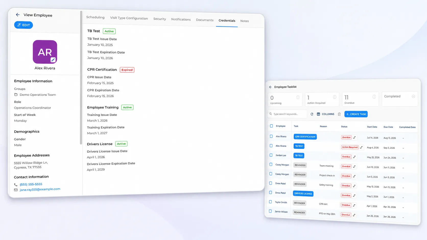 GEOH employee profile credentials tab showing certifications and expiration dates, alongside the Employee Tasklist dashboard showing overdue and action-required tasks