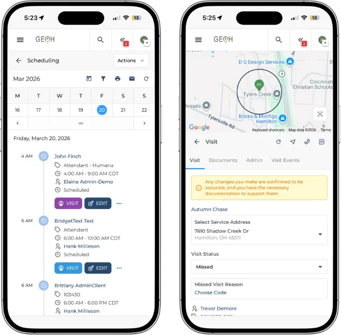 GEOH mobile app screens showing the scheduling calendar and a visit map with status